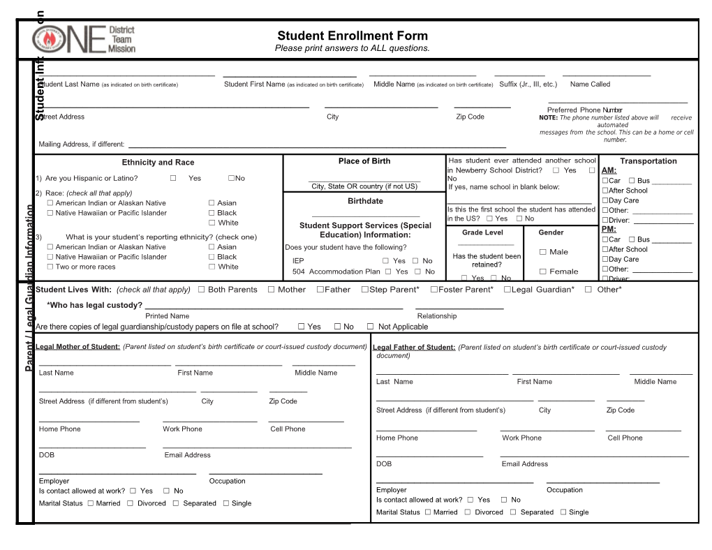 Student Enrollment Form - New