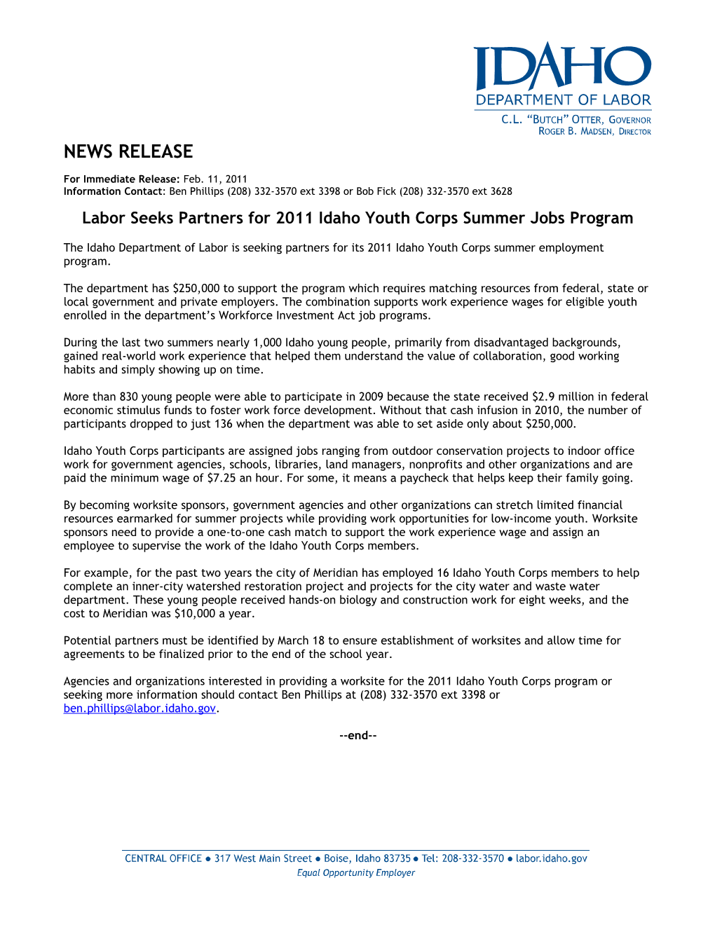 Labor Seeks Partners for 2011 Idaho Youth Corps Summer Jobs Program