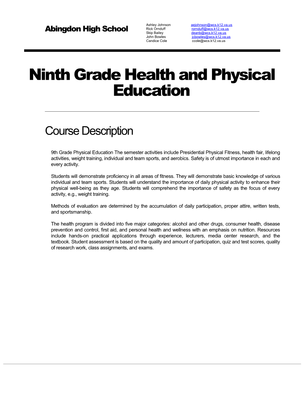 Ninth Grade Health and Physical Education