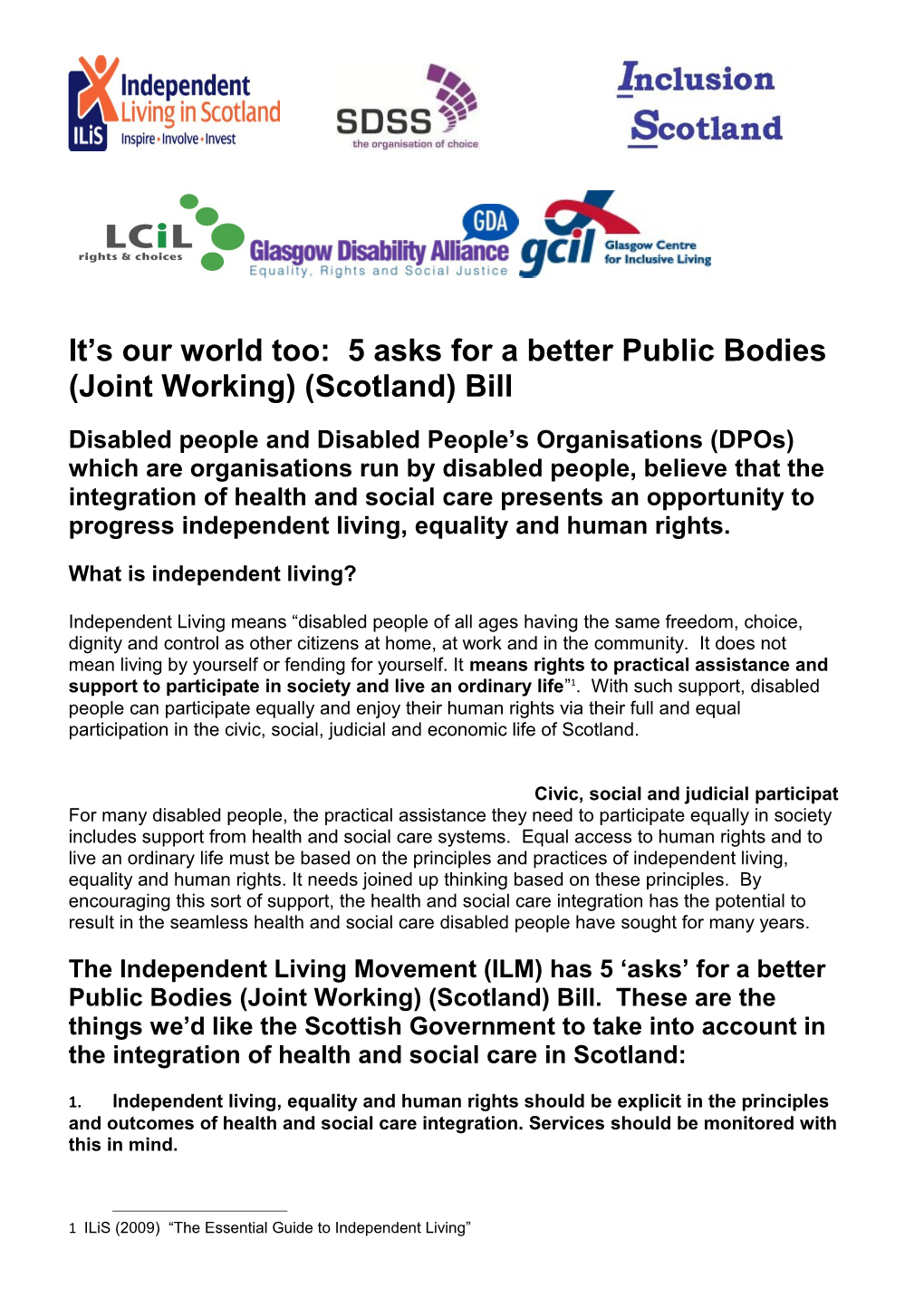 It S Our World Too: 5 Asks for a Better Public Bodies (Joint Working) (Scotland) Bill