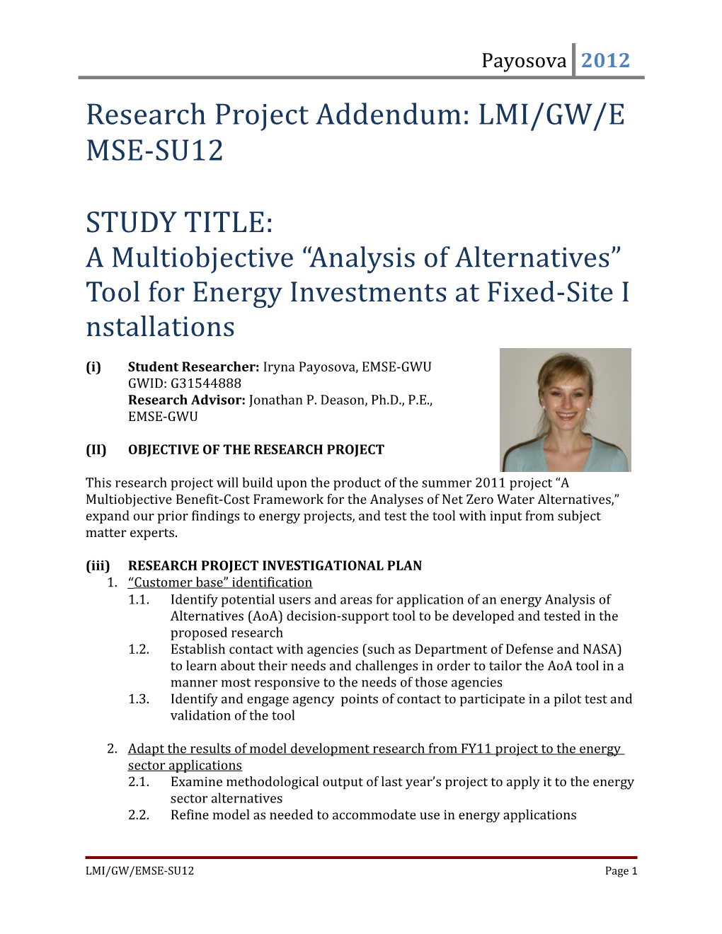Research Project Addendum: LMI/GW/EMSE-SU12
