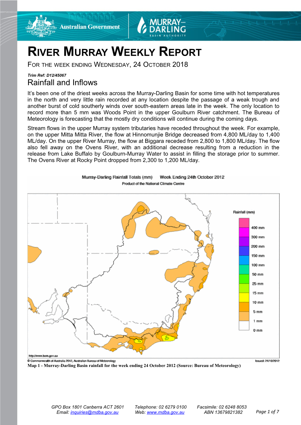 River Murray Operations Weekly Report 24Th October 2012