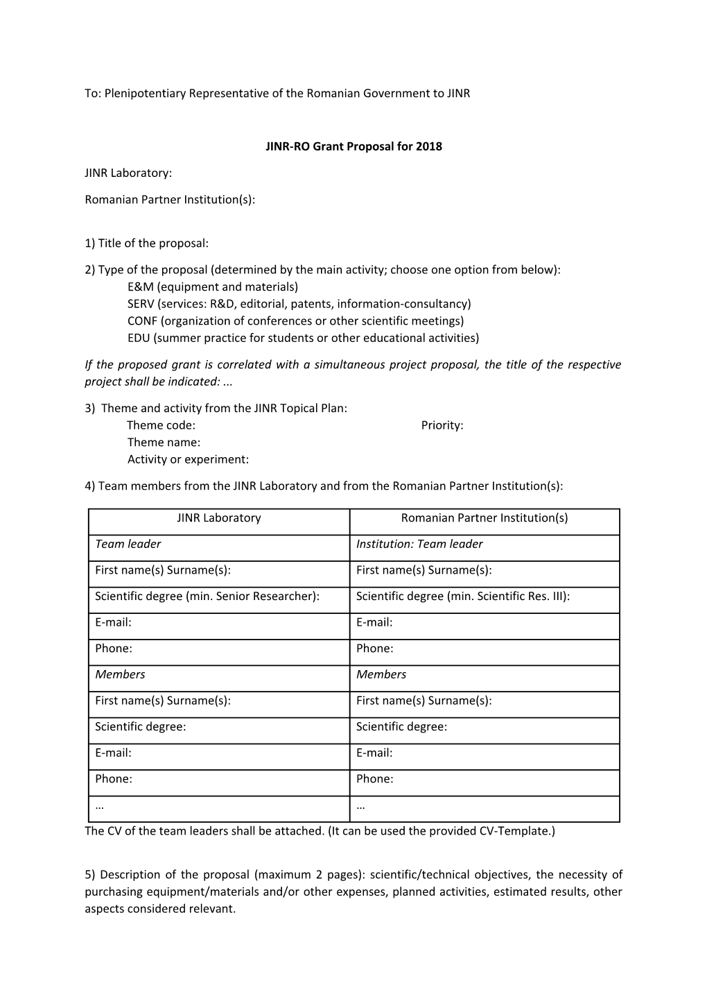 JINR-RO Grant Proposal for 2018