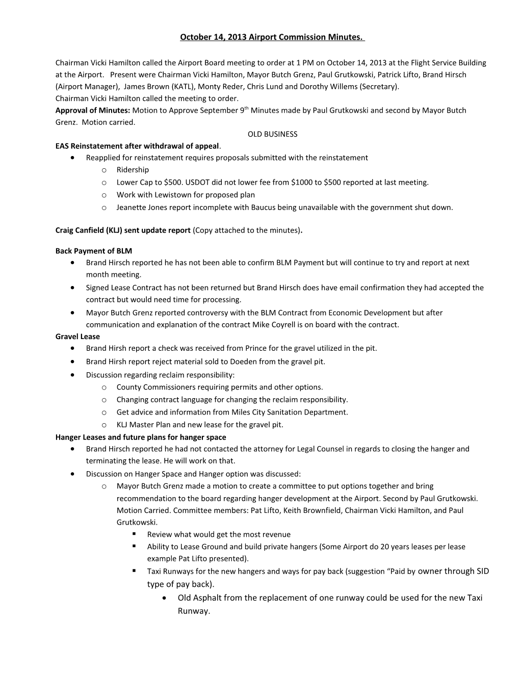 October 14, 2013 Airport Commission Minutes