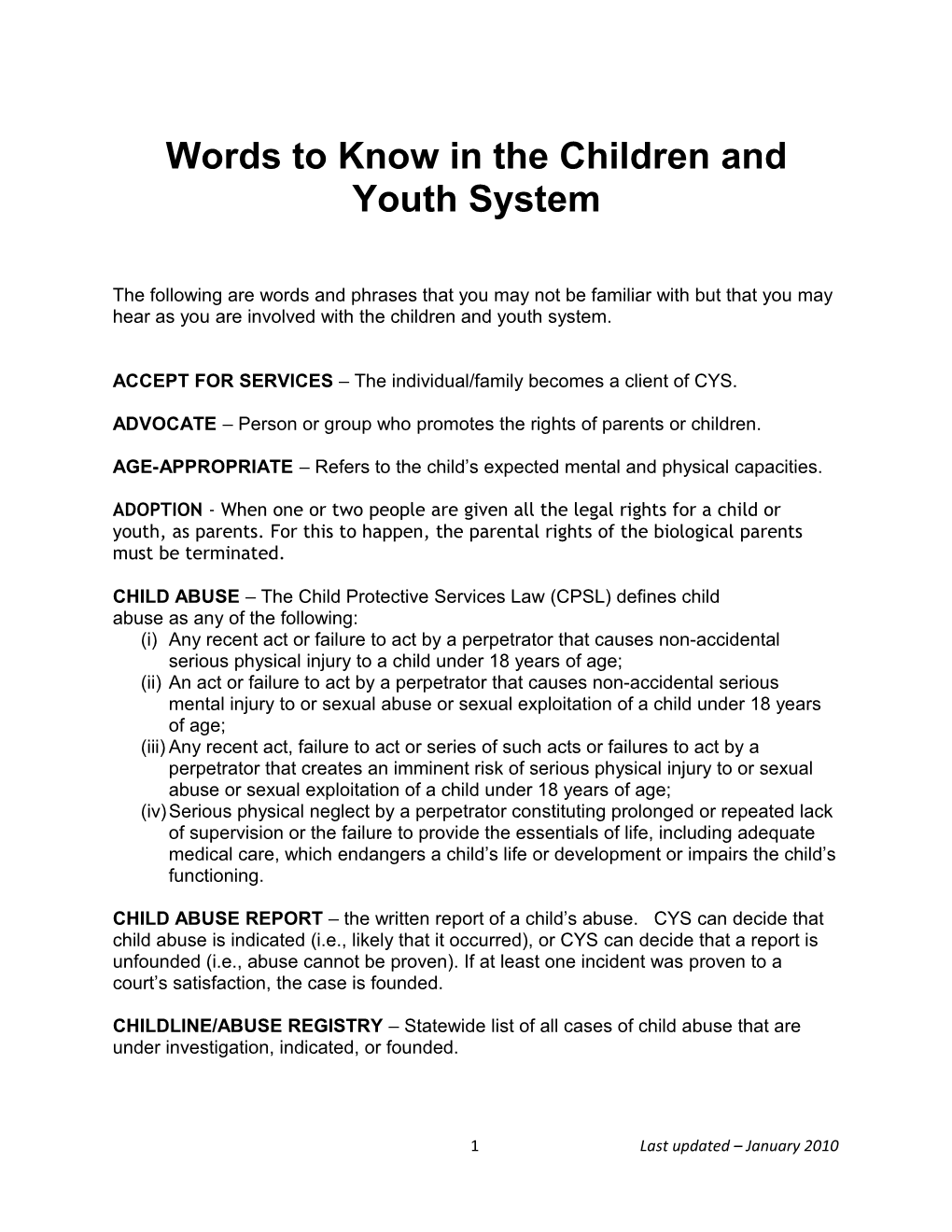 Words to Know in the Children and Youth System