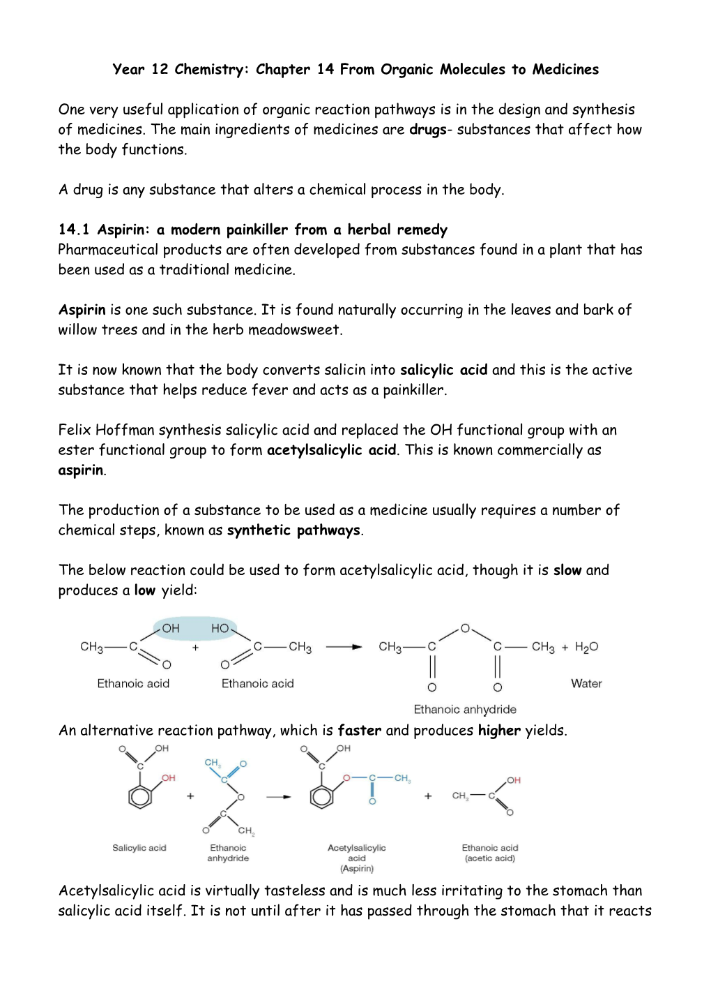 Year 12 Chemistry: Chapter 14 from Organic Molecules to Medicines