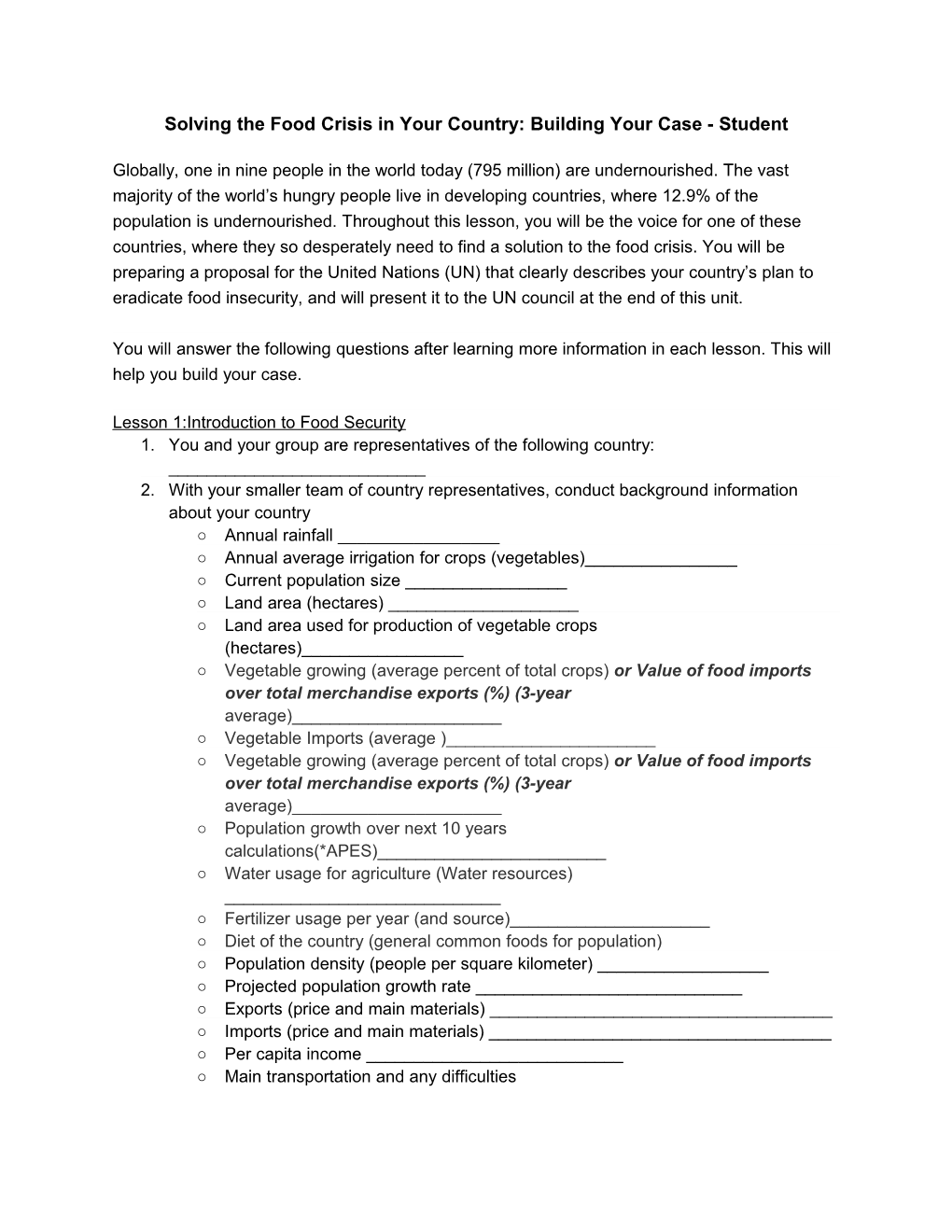 Solving the Food Crisis in Your Country: Building Your Case - Student