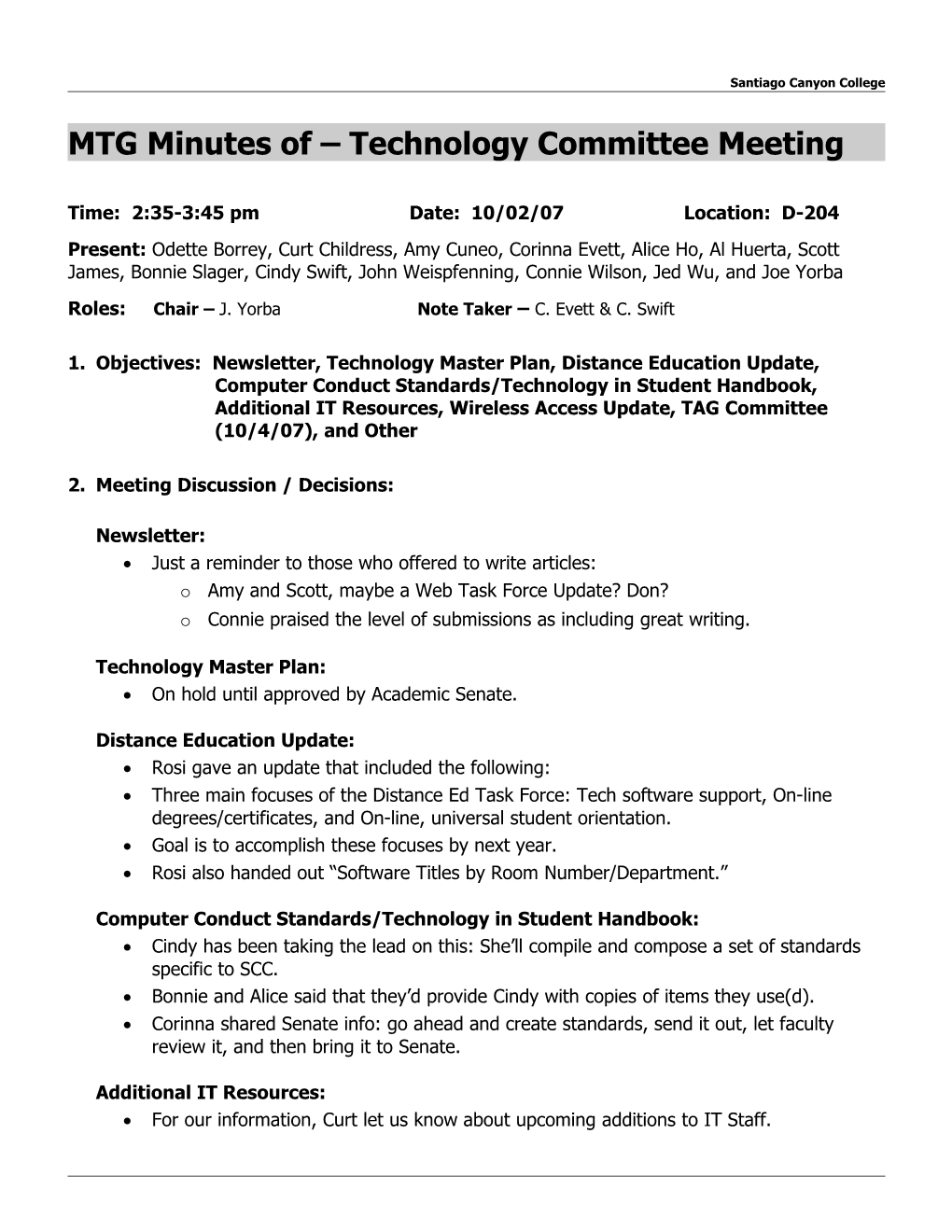MTG Minutes of Technology Committee Meeting