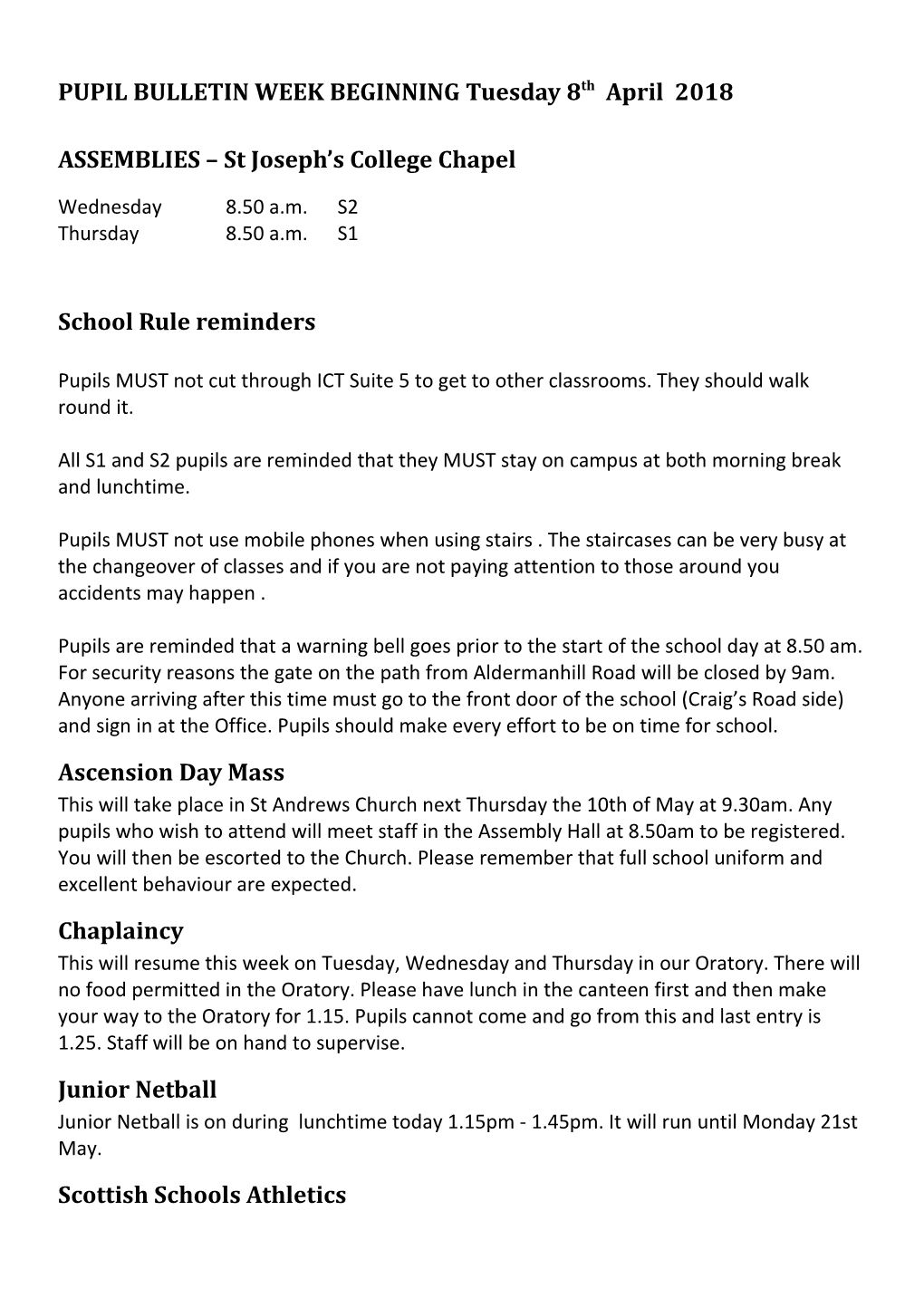 PUPIL BULLETIN WEEK BEGINNING Tuesday 8Th April 2018