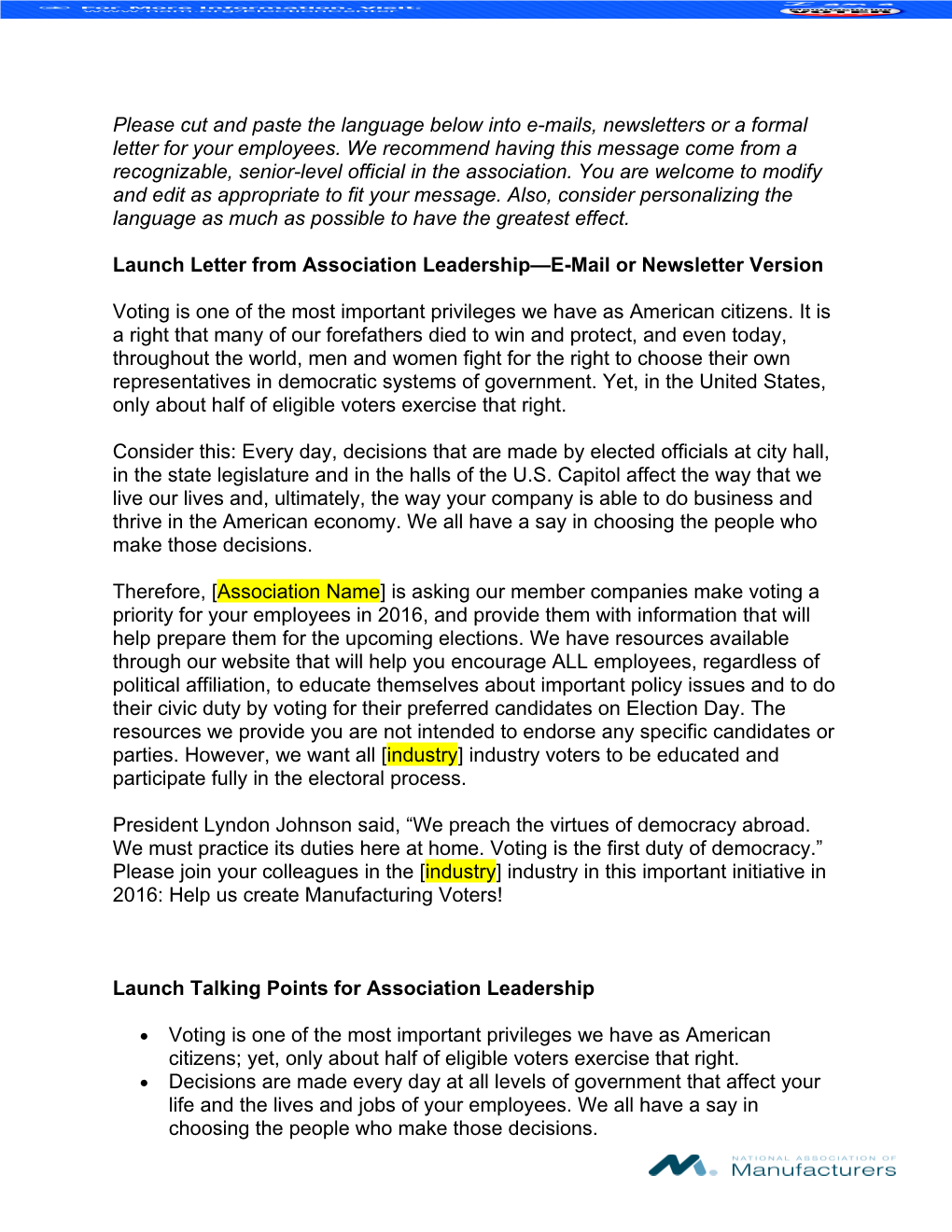 Launch Letter from Association Leadership E-Mail Or Newsletter Version