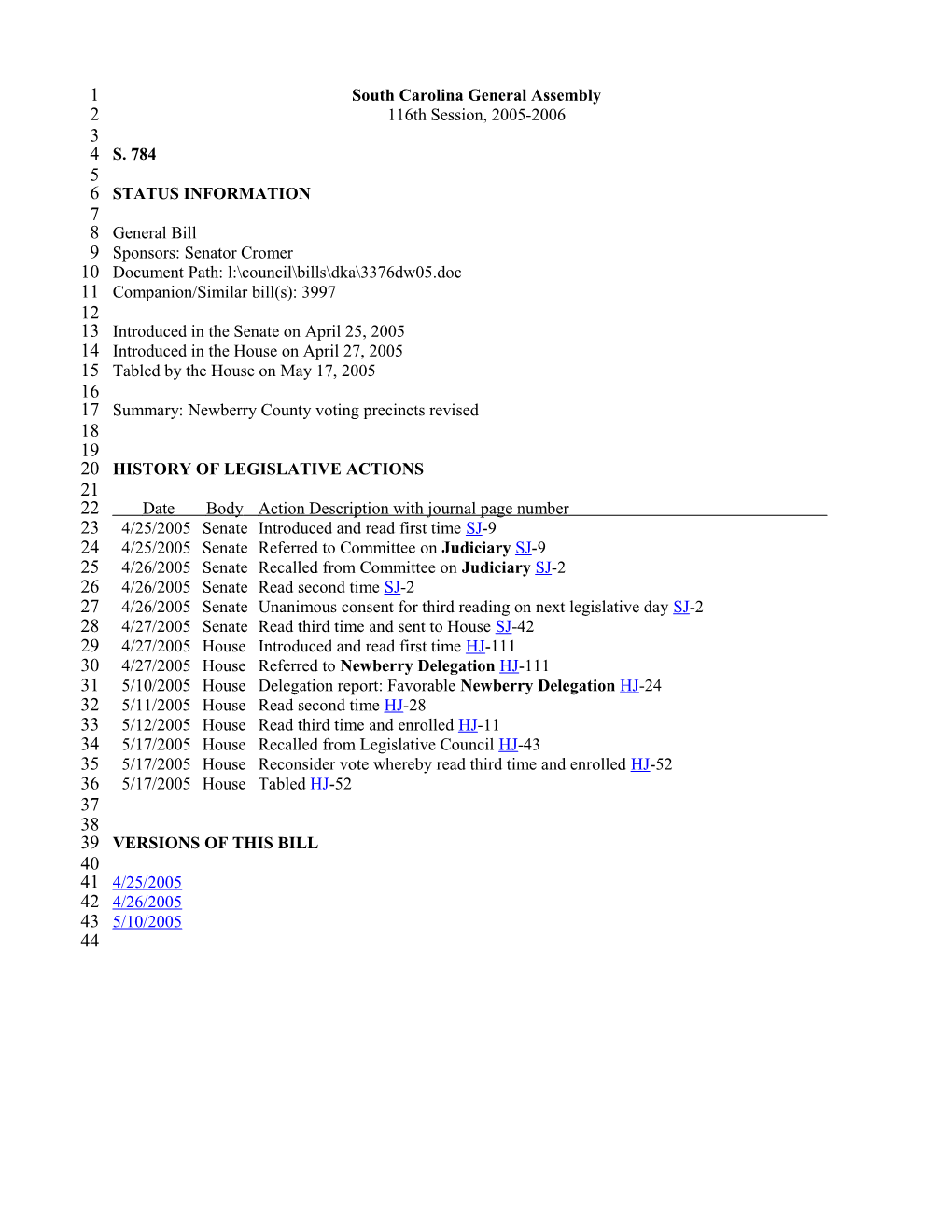 2005-2006 Bill 784: Newberry County Voting Precincts Revised - South Carolina Legislature Online