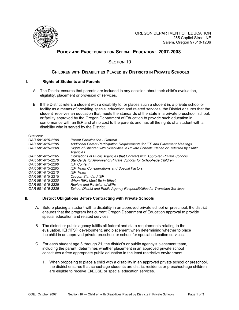 Policy and Procedures for Special Education: 2007-2008