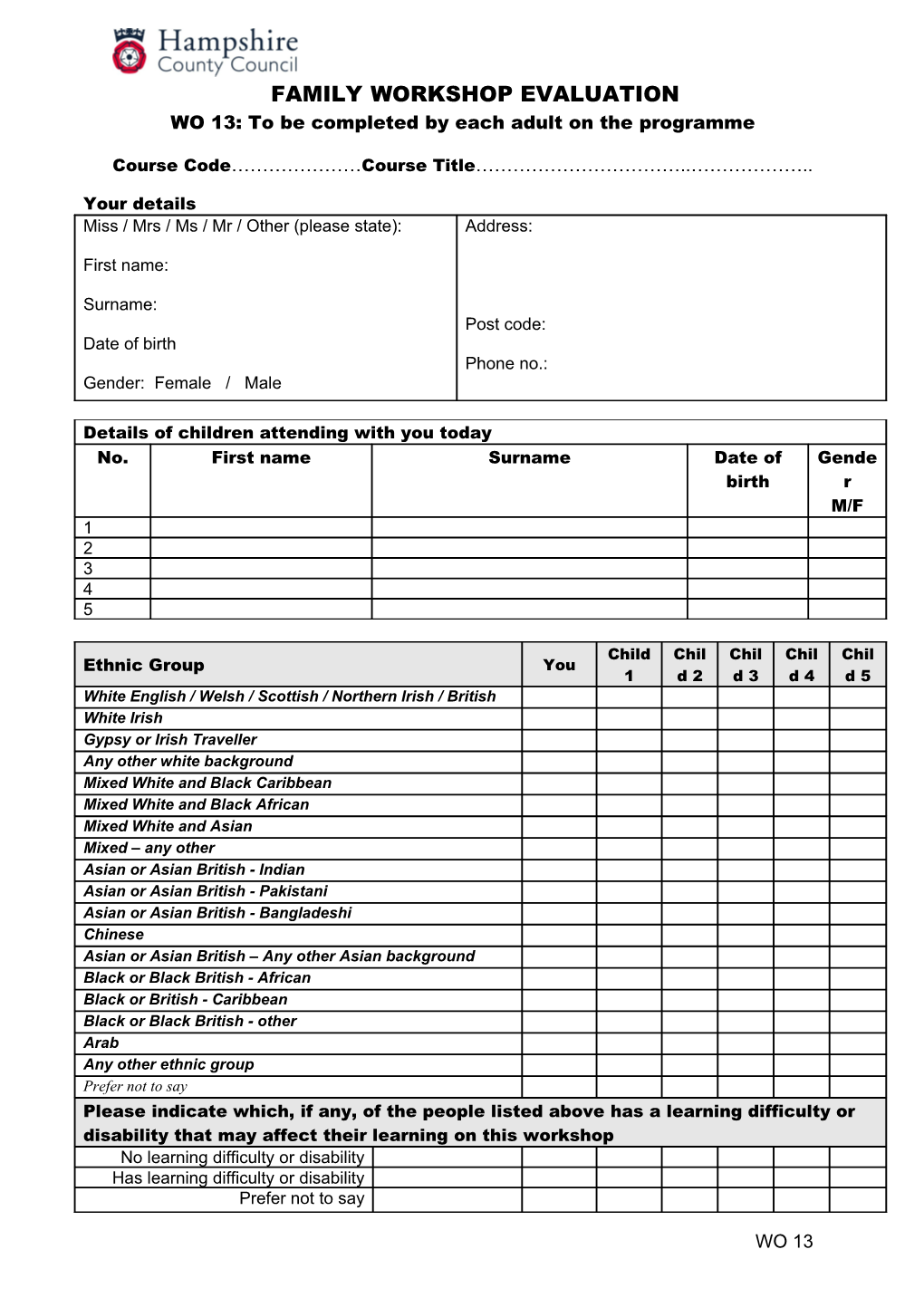 WO 13: to Be Completed by Each Adult on the Programme