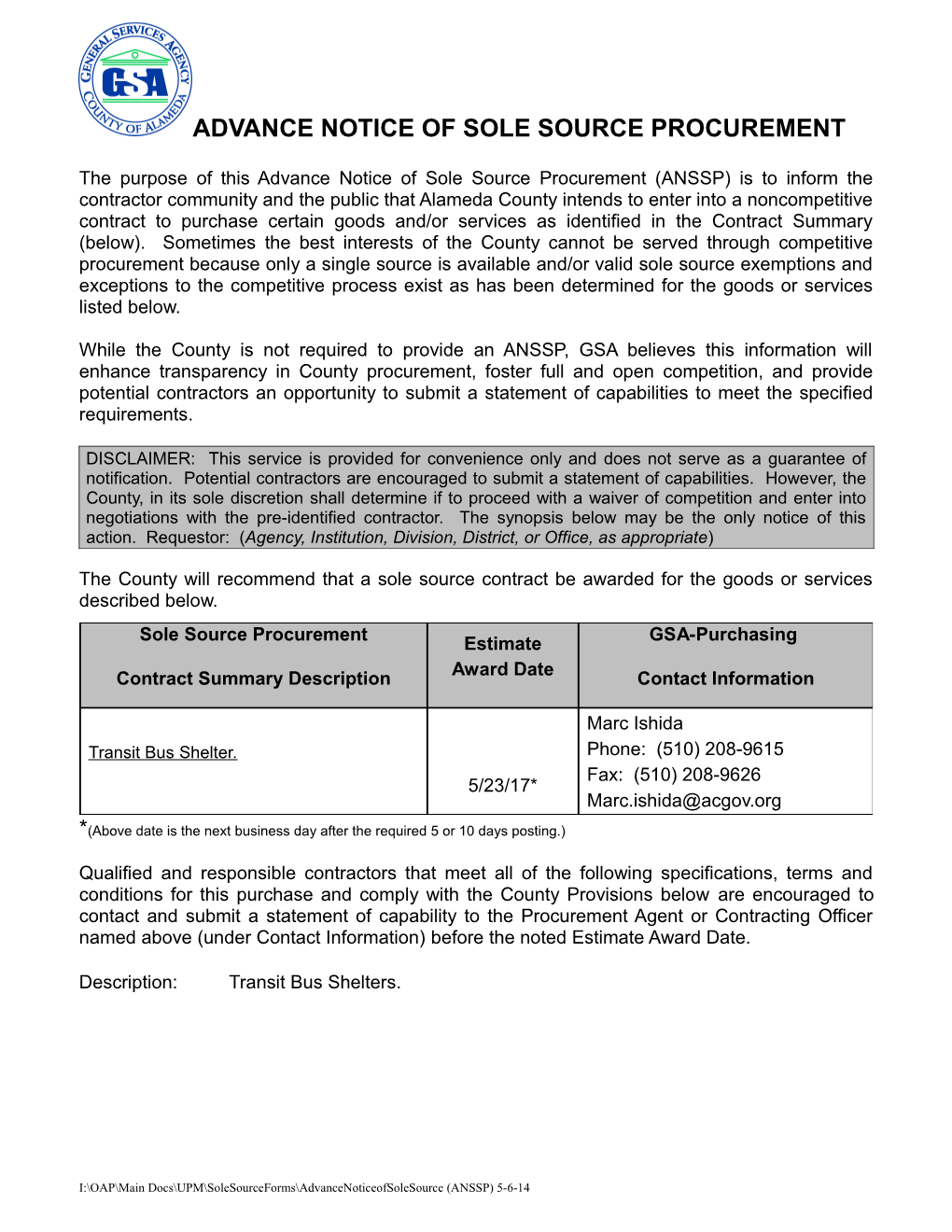 Advance Notice of Sole Source Procurement s11