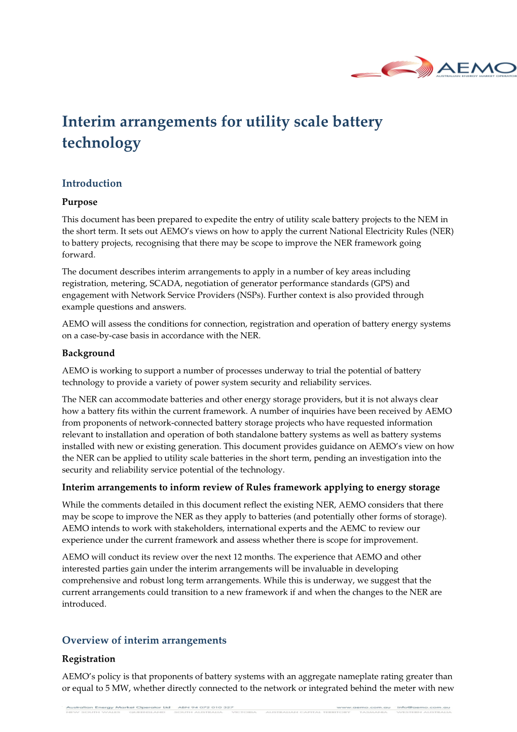 Interim Arrangements for Utility Scale Battery Technology