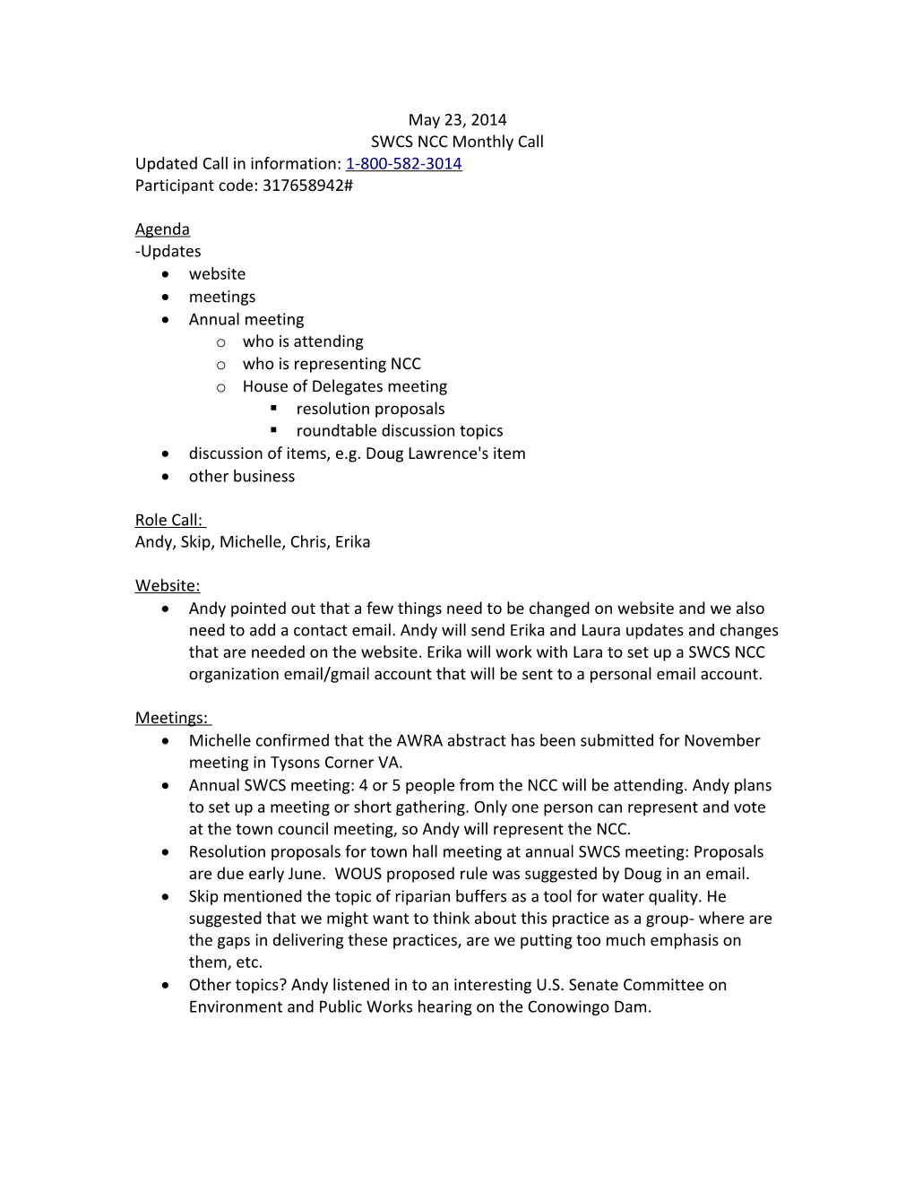 SWCS NCC Monthly Call