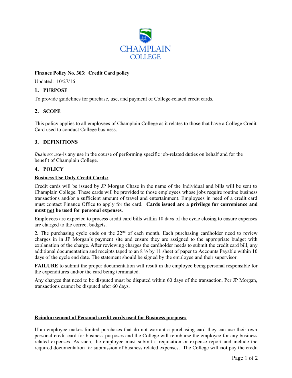 Finance Policy No. 303: Credit Card Policy