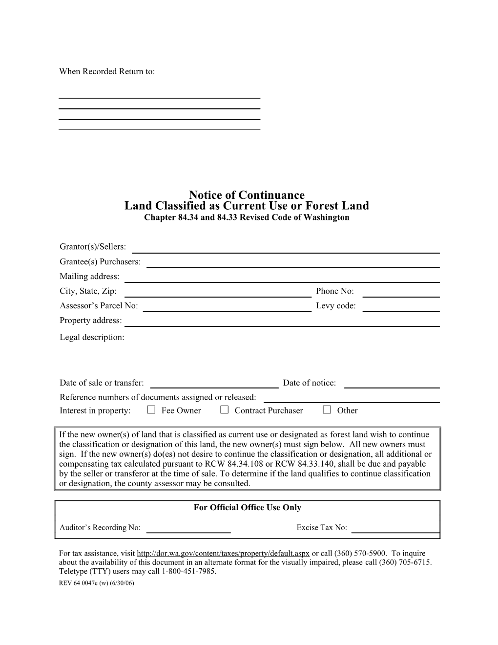 Notice of Continuance Land Classified As Current Use Or Forest Land REV 64 0047E