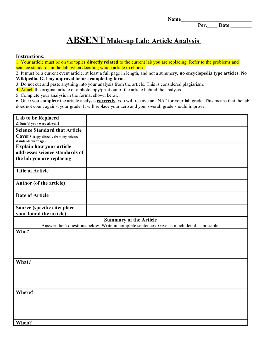 Article Analysis Instructions & Format