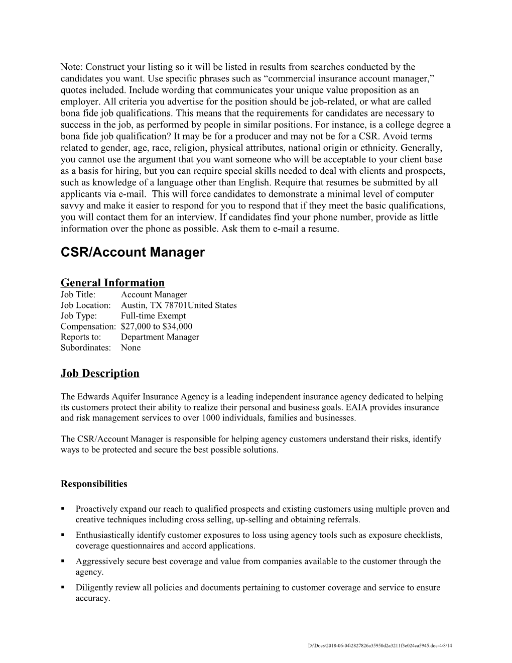 Sample Job Description - CSR Or Account Manager