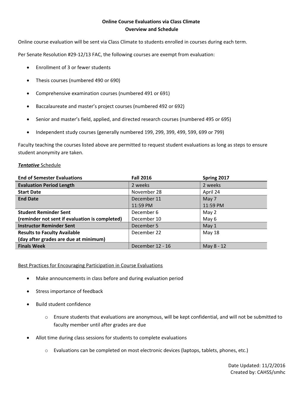 Online Course Evaluations Via Class Climate Overview and Schedule