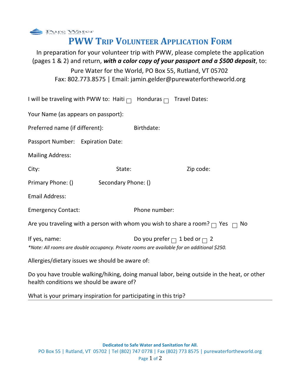 PWW Trip Volunteer Application Form