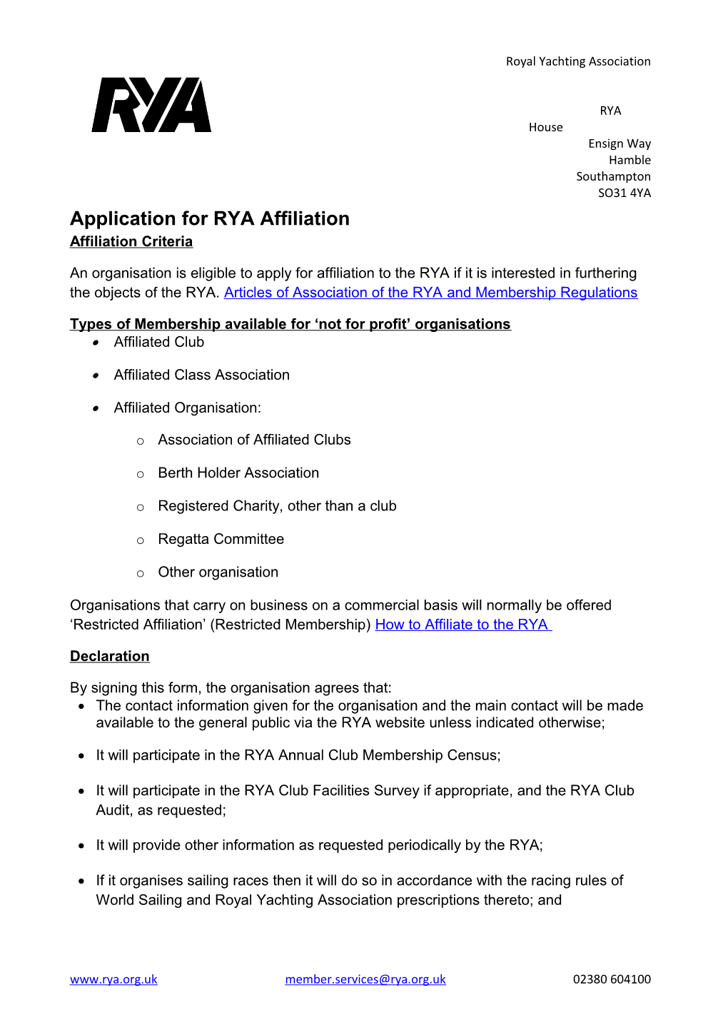 Application for RYA Affiliation