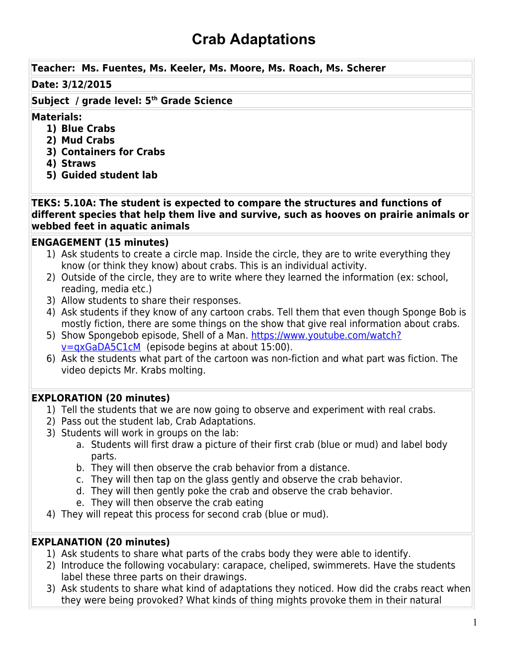 5E Student Lesson Planning Template