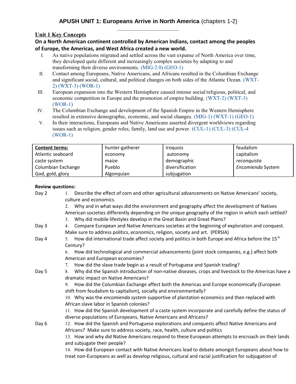 APUSH UNIT 1: Europeans Arrive in North America (Chapters 1-2)