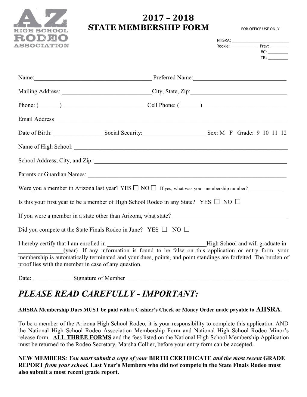 State Membership Form for Office Use Only