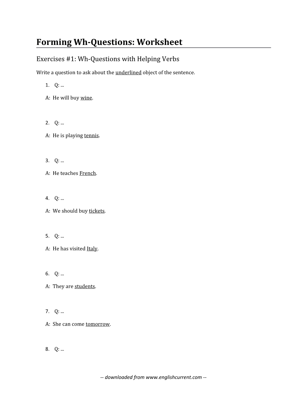 Forming Wh-Questions: Worksheet