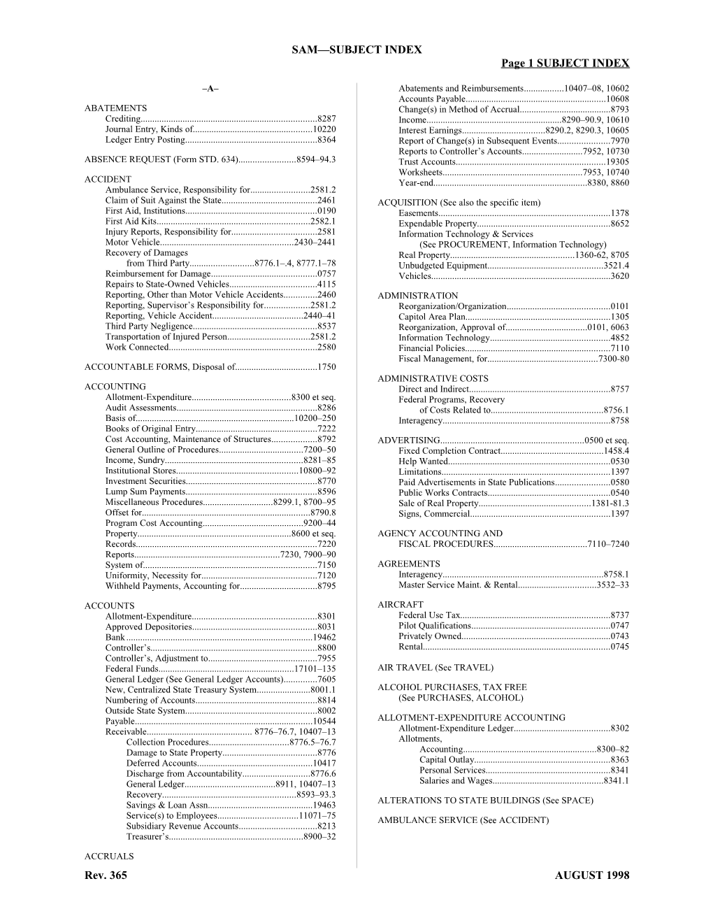 Sam Subject Index