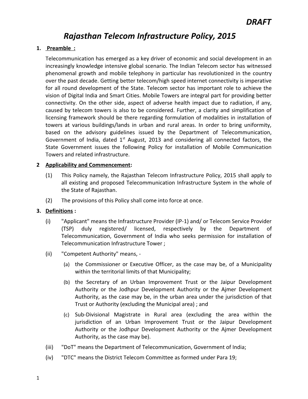 Rajasthan Telecom Infrastructure Policy, 2015