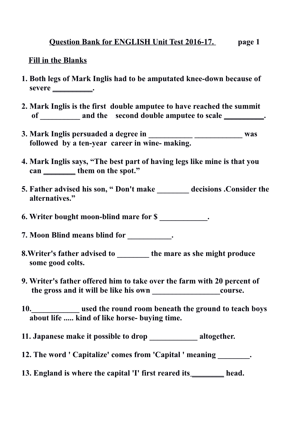 Question Bank for ENGLISH Unit Test 2016-17. Page 1