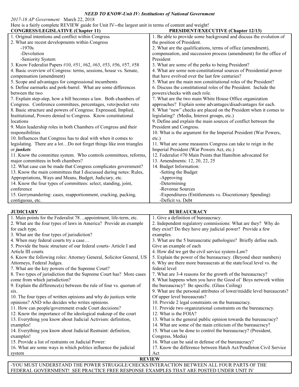 Unit IV: Institutions of National Government