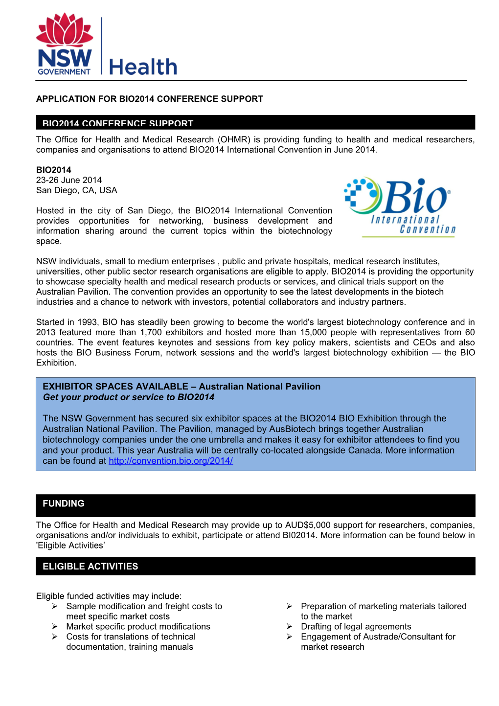 Application for Bio2014 Conference Support