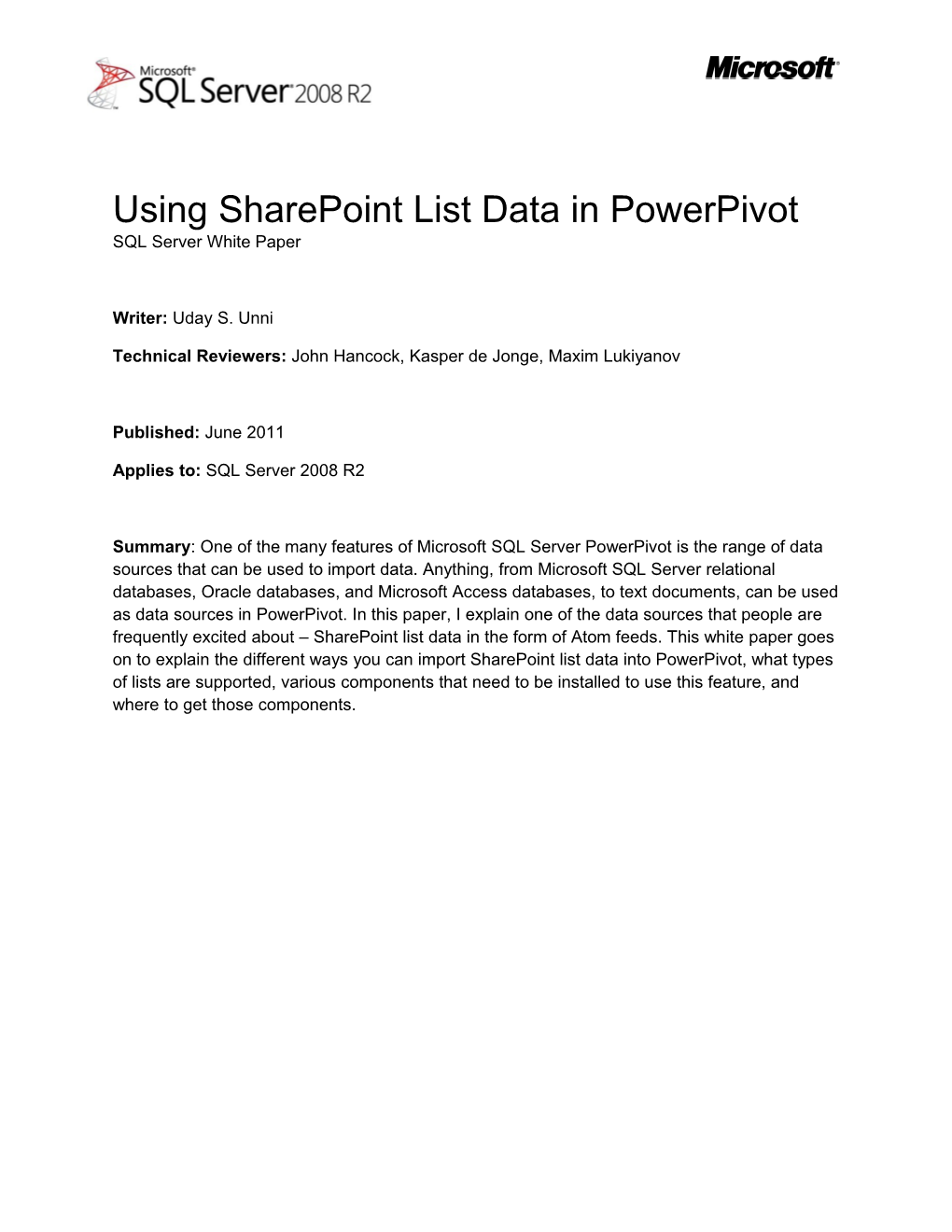 Using Sharepoint List Data in Powerpivot