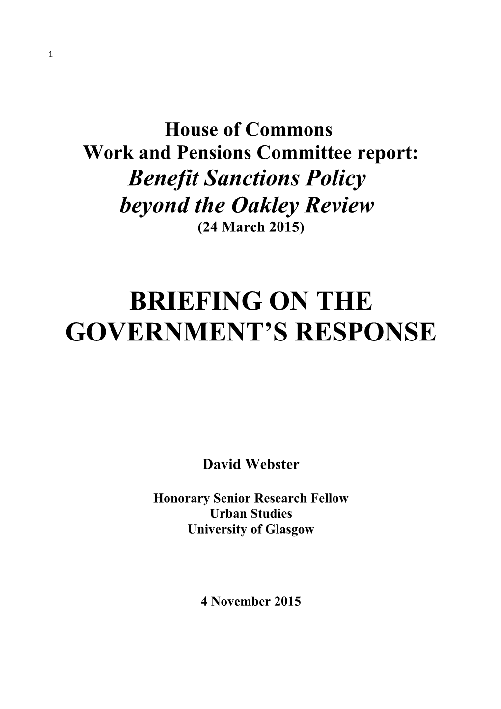 Work and Pensions Committee Report: Benefit Sanction S Policy