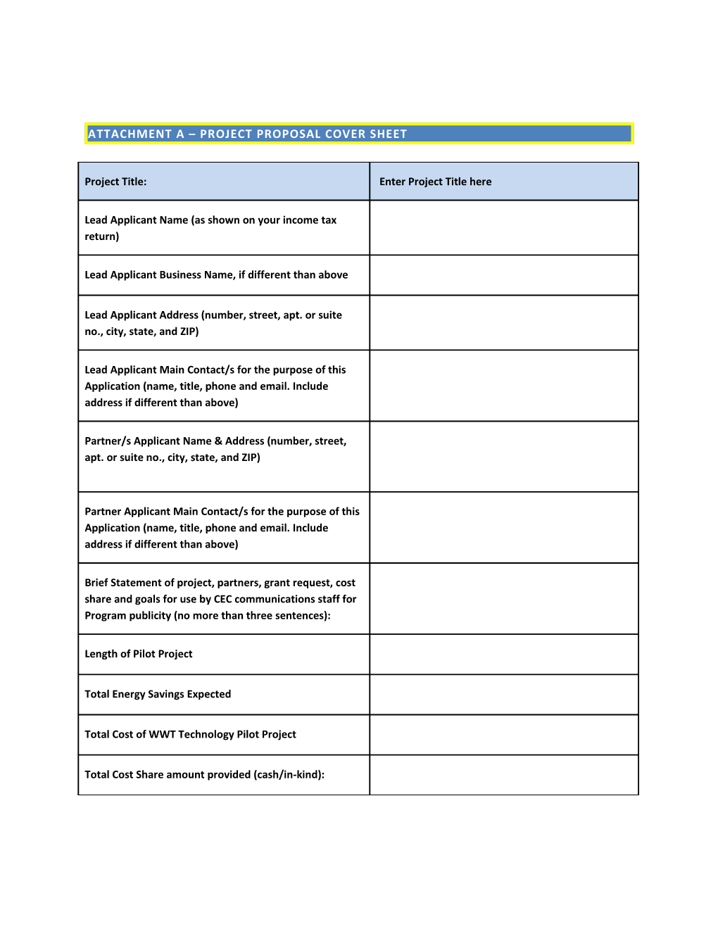 Attachment a Project Proposal Cover Sheet