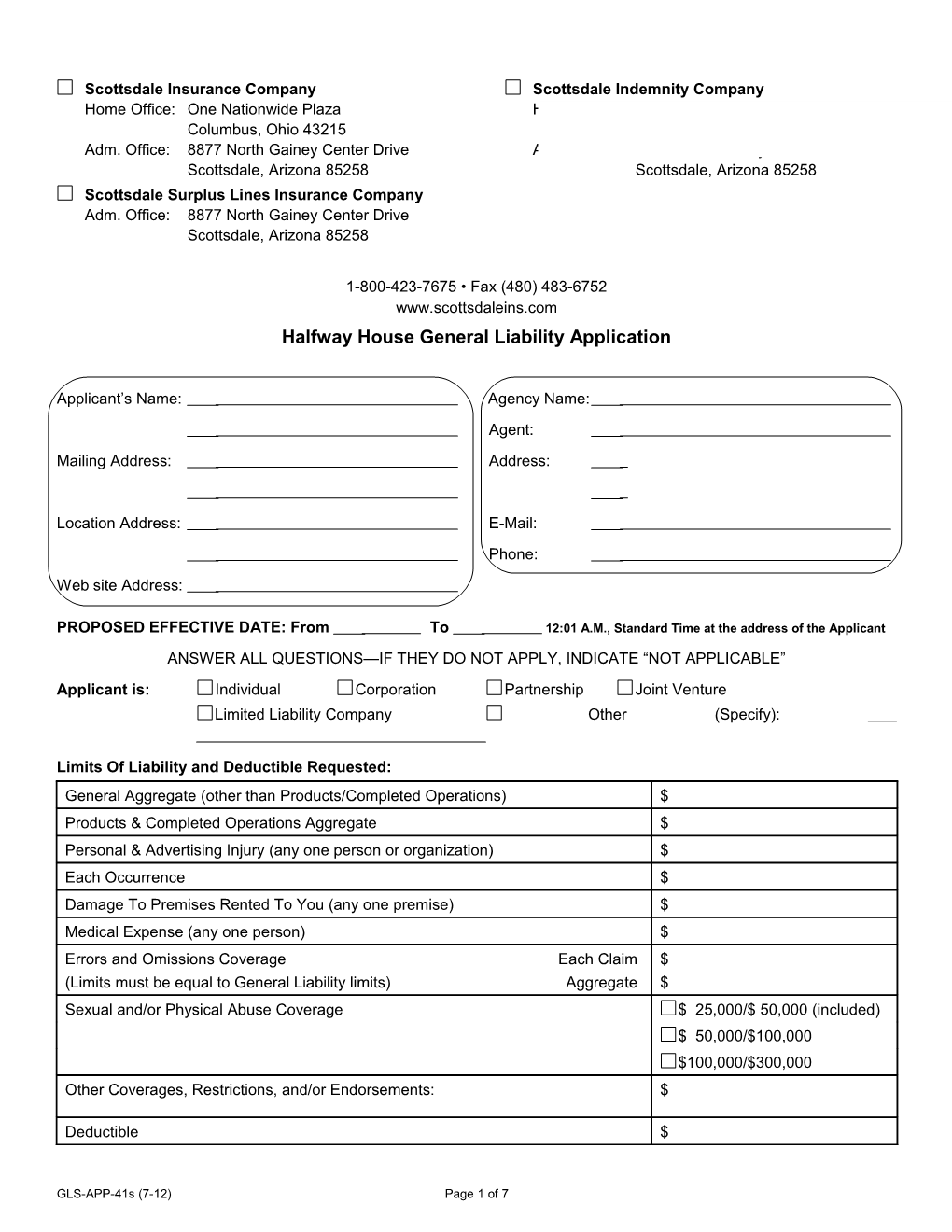 Halfway House General Liability Application