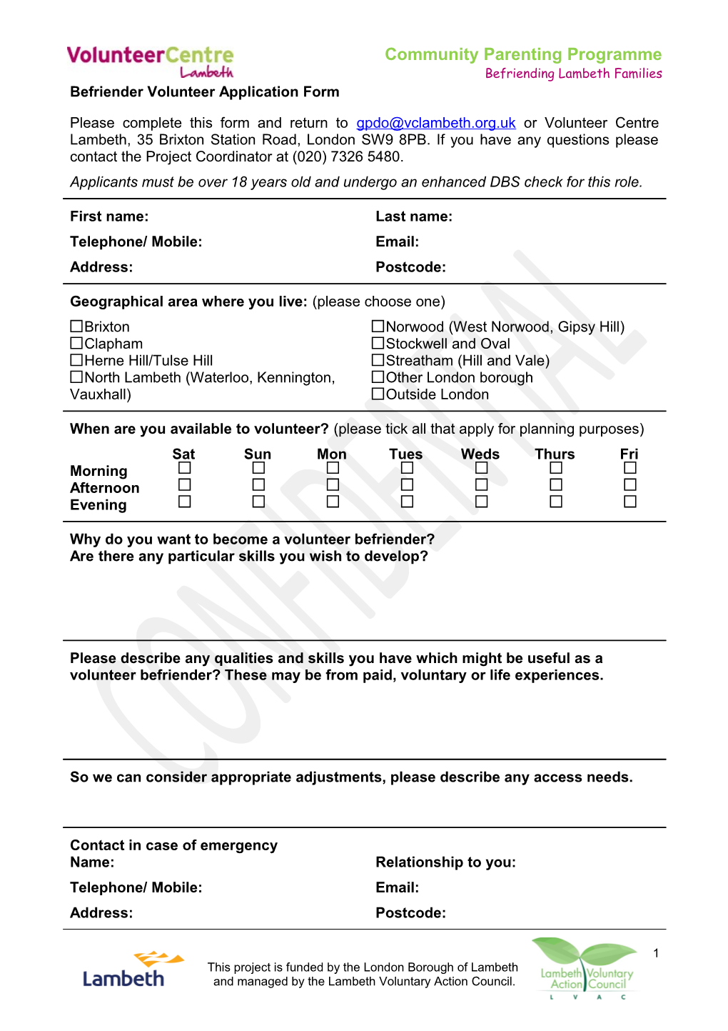 Befriender Volunteer Application Form