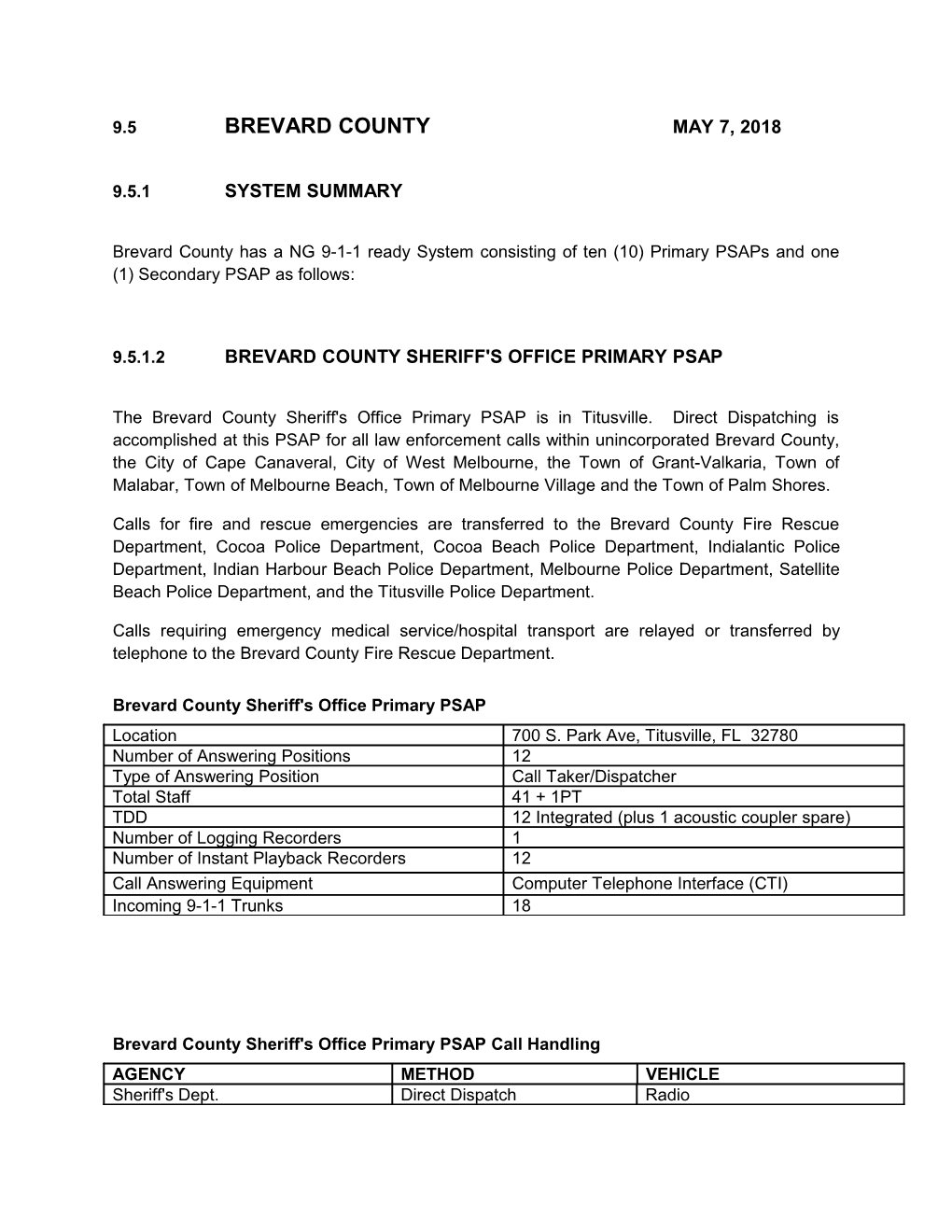 9.5.1.2 Brevard County Sheriff's Office Primary Psap