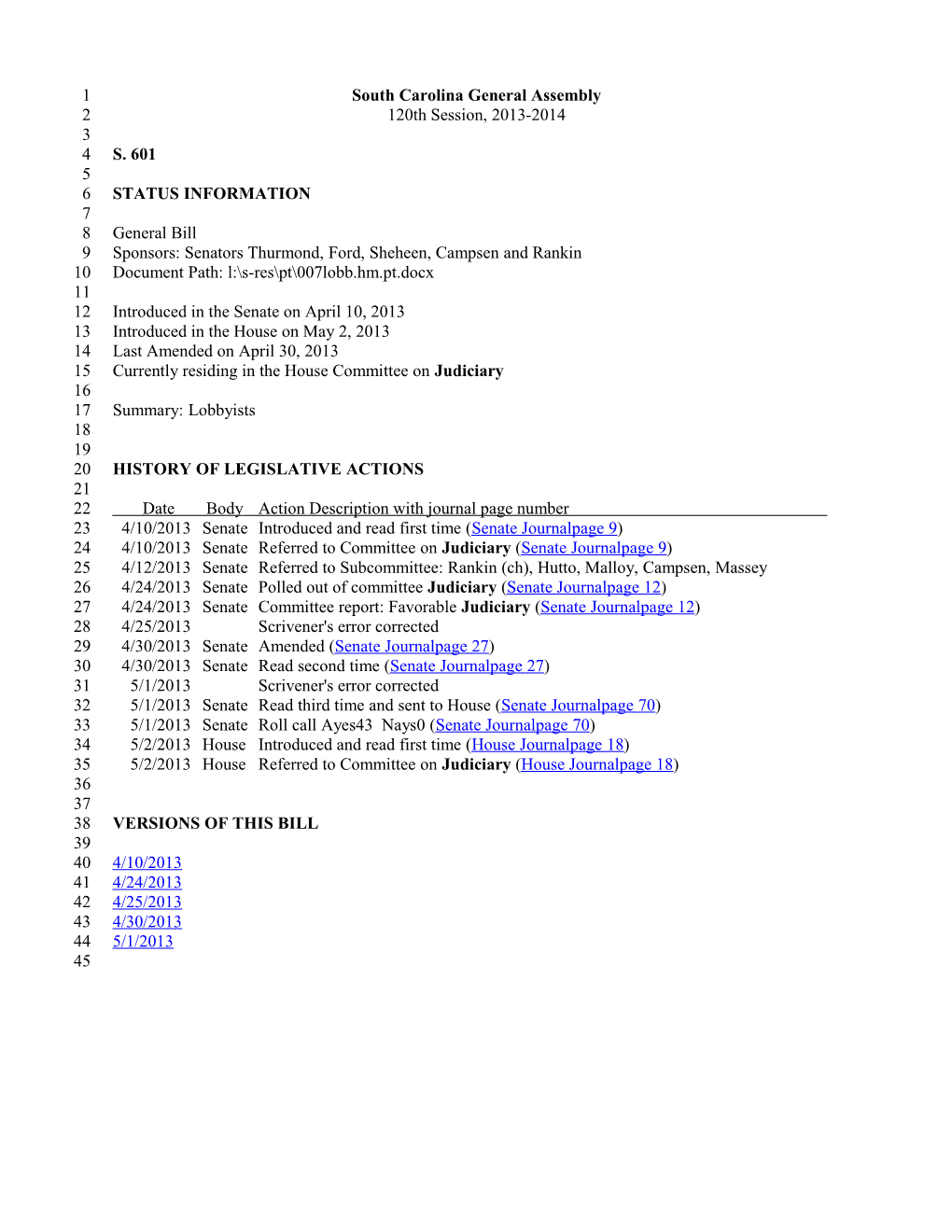 2013-2014 Bill 601: Lobbyists - South Carolina Legislature Online