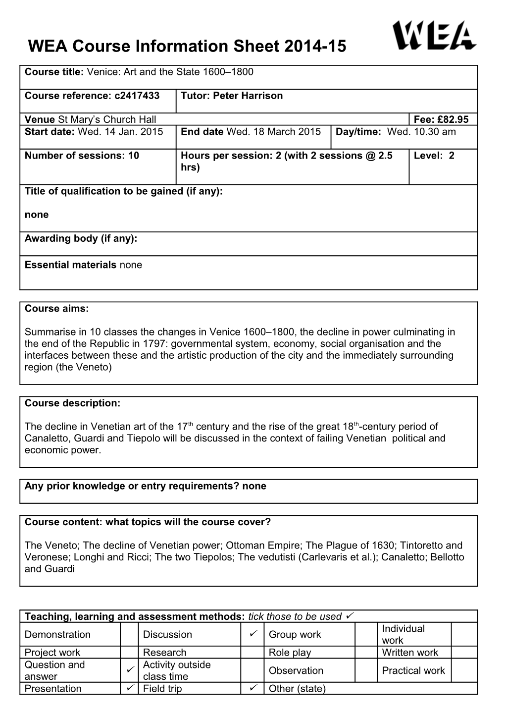 WEA Course Information Sheet2014-15