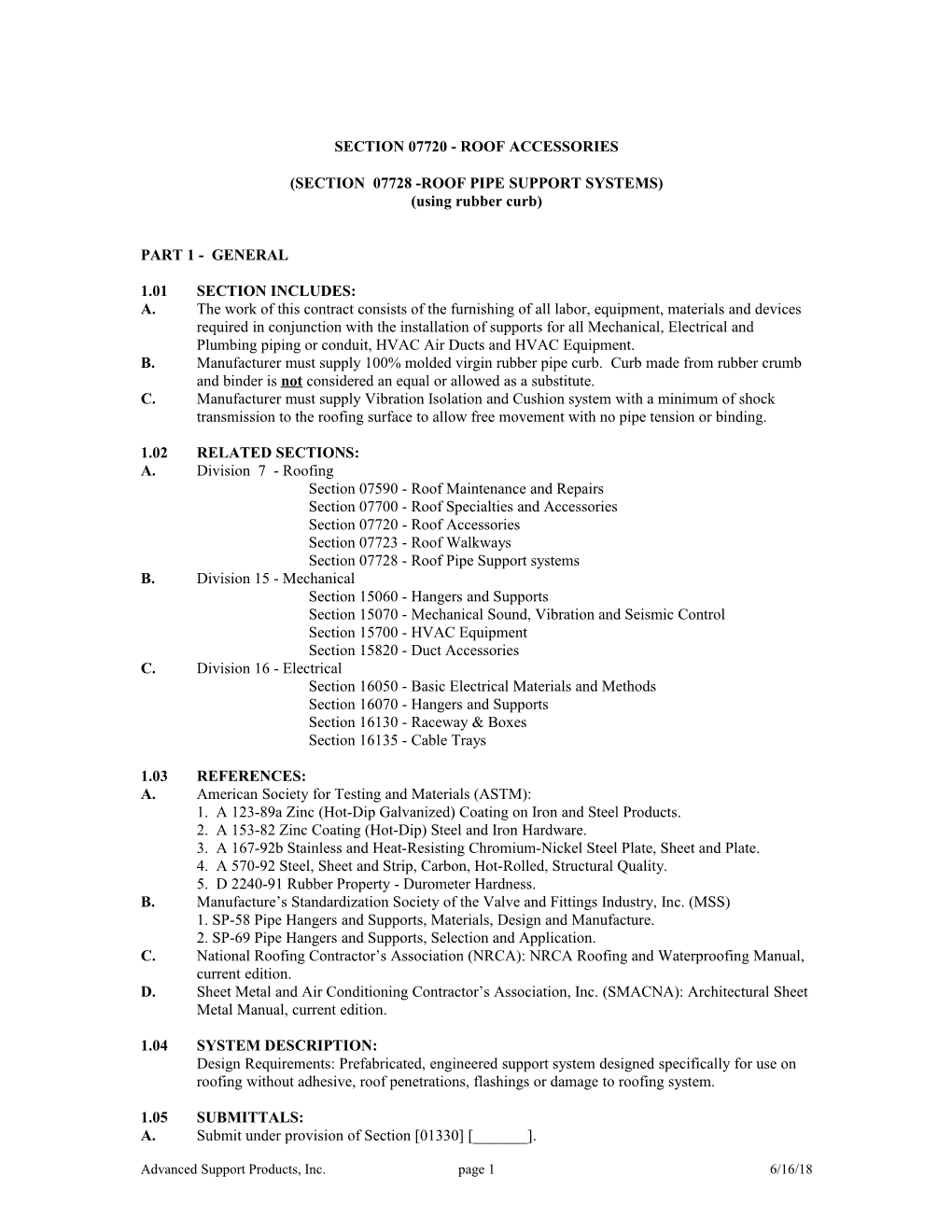 Section 07728 -Roof Pipe Support Systems