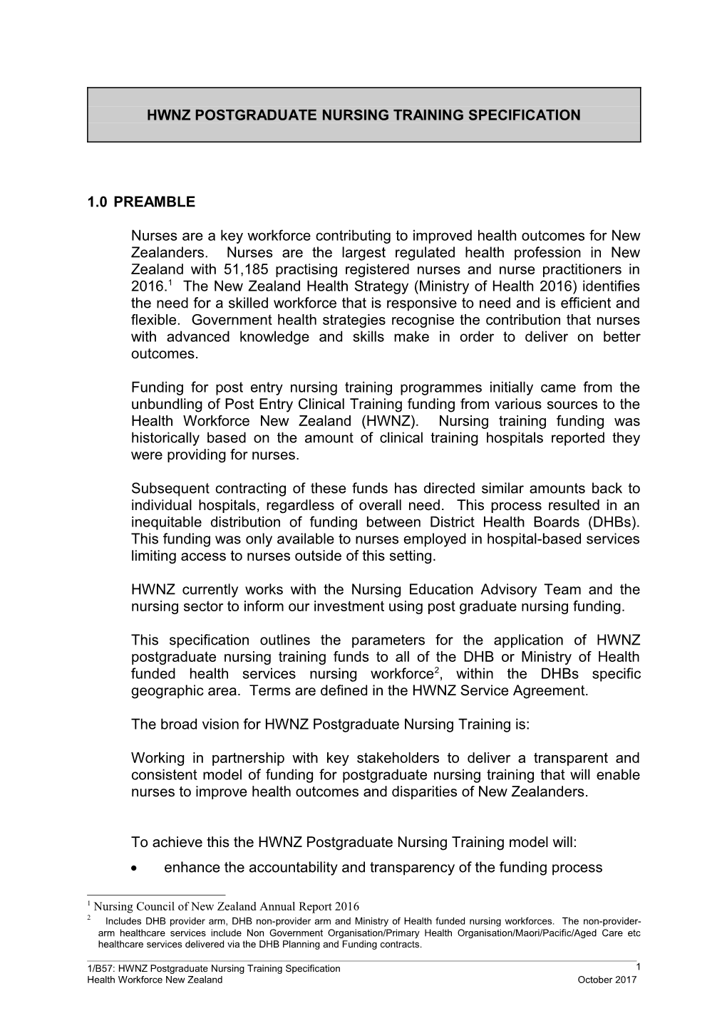 Hwnz Postgraduate Nursing Training Specification