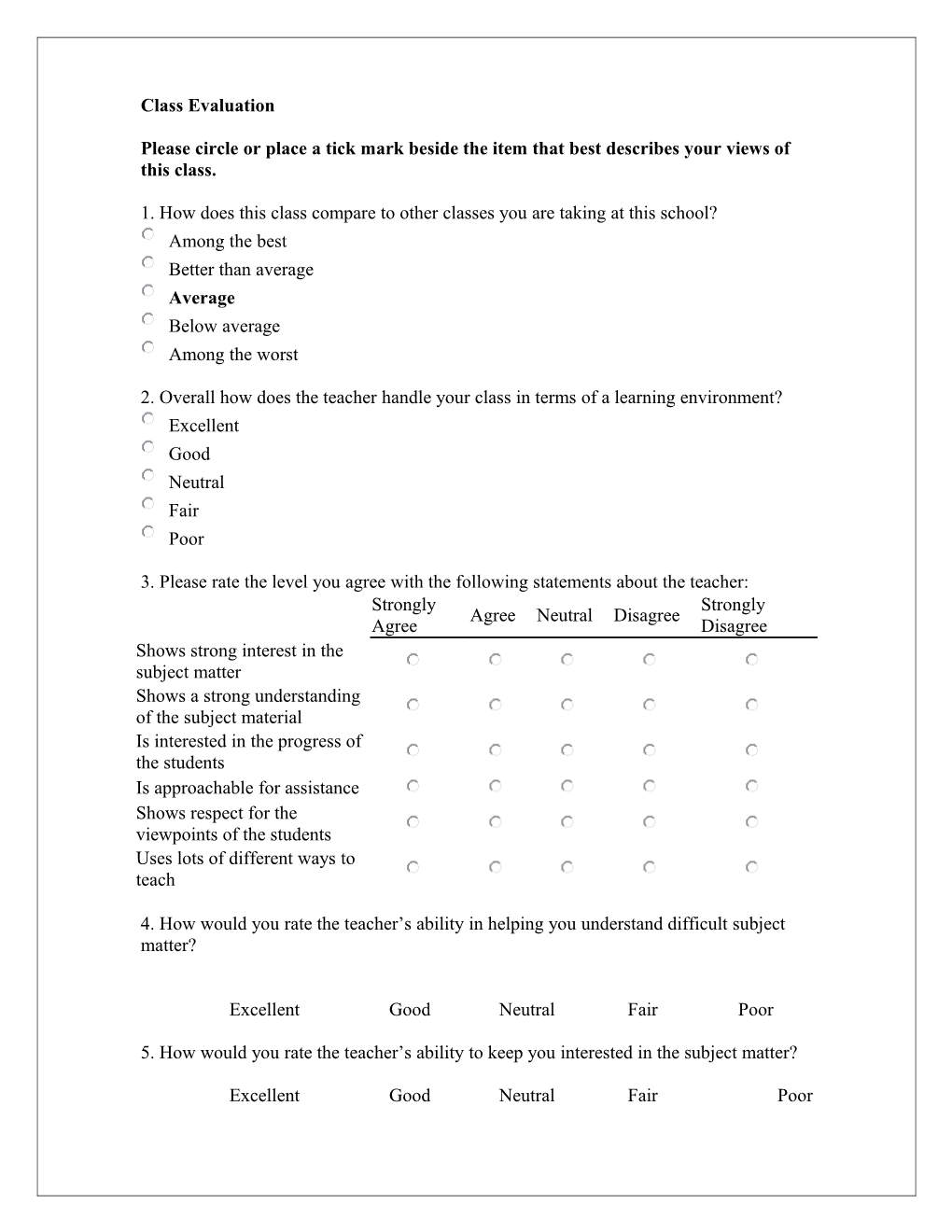 High School Class Evaluation