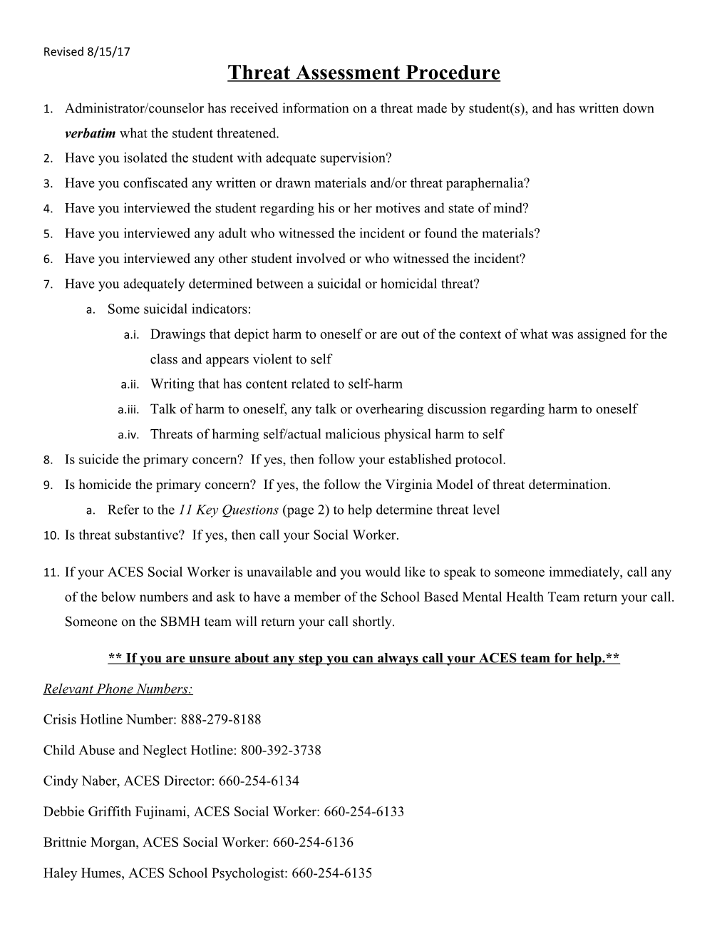 Threat Assessment Procedure