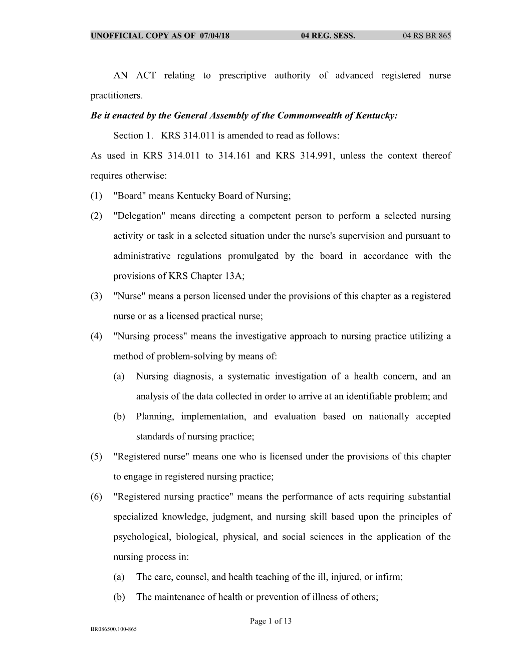 AN ACT Relating to Prescriptive Authority of Advanced Registered Nurse Practitioners