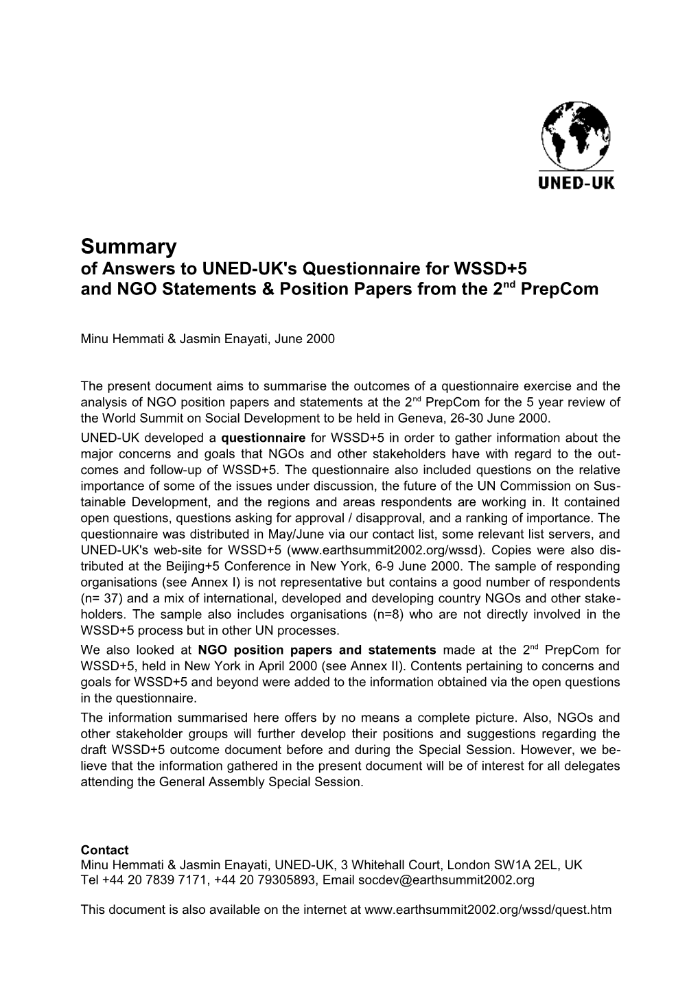 Of Answers to UNED-UK's Questionnaire for WSSD+5